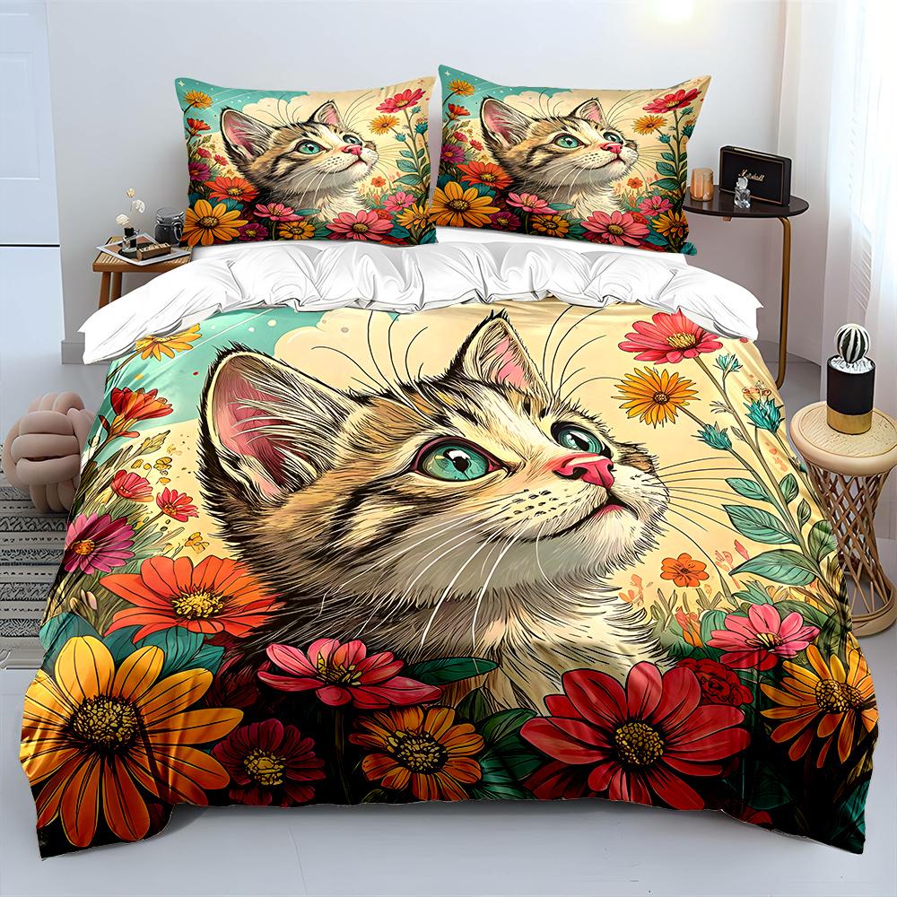 3PCS Cat with vibrant flower field Pattern Duvet Cover Set Digital Print Polyester Bedding with Zipper Closur for kids gifts