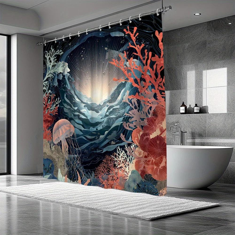 1pc Ocean Scenery Shower Curtain, Vibrant Underwater World Theme with Jellyfish and Coral Pattern, Polyester Fabric, Includes