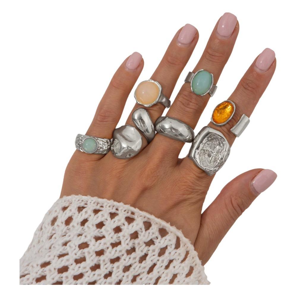 5pcs/7pcs Irregular Chunky Smooth Rings Vintage Retro Metal Ring  Matchable Jewelry