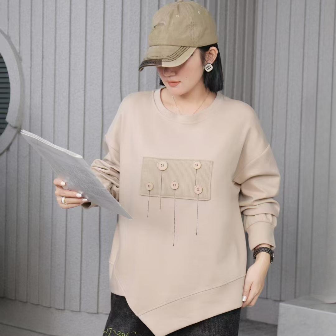 

DIMANAF 2024 Пуловер Осенняя футболка с пуговицами Женская печать Асимметричный длинный рукав Свободный Белый Черный One Size бежевый