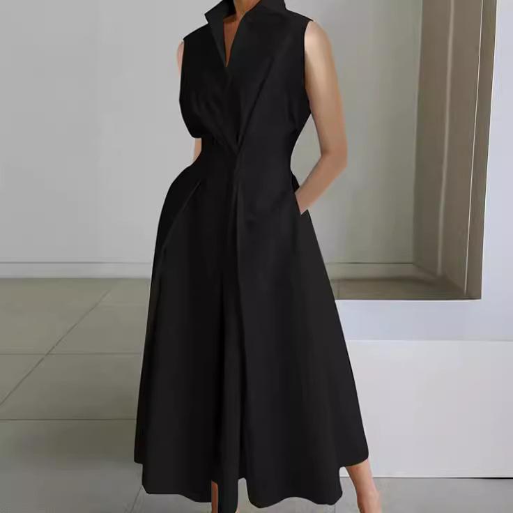 Yaz İşe Gidiş Moda Düz Renk V Yaka Kadın Düğmeli Elbise