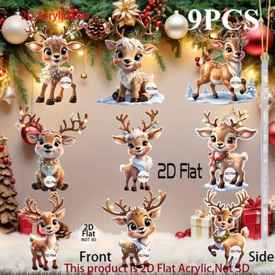 9 Stück Komplettset, Niedlicher Elch Weihnachten Acryl 2D Flacher Anhänger Weihnachtsbaumschmuck Anhänger Auto Rückspiegel Anhänger Feiertagsdekoration