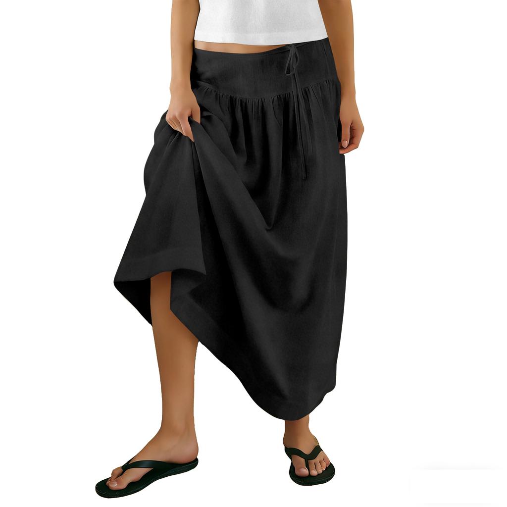 Women's Ruffled Spring Casual Long Skirt Plain Color Skirt Retro Pleated Skirt