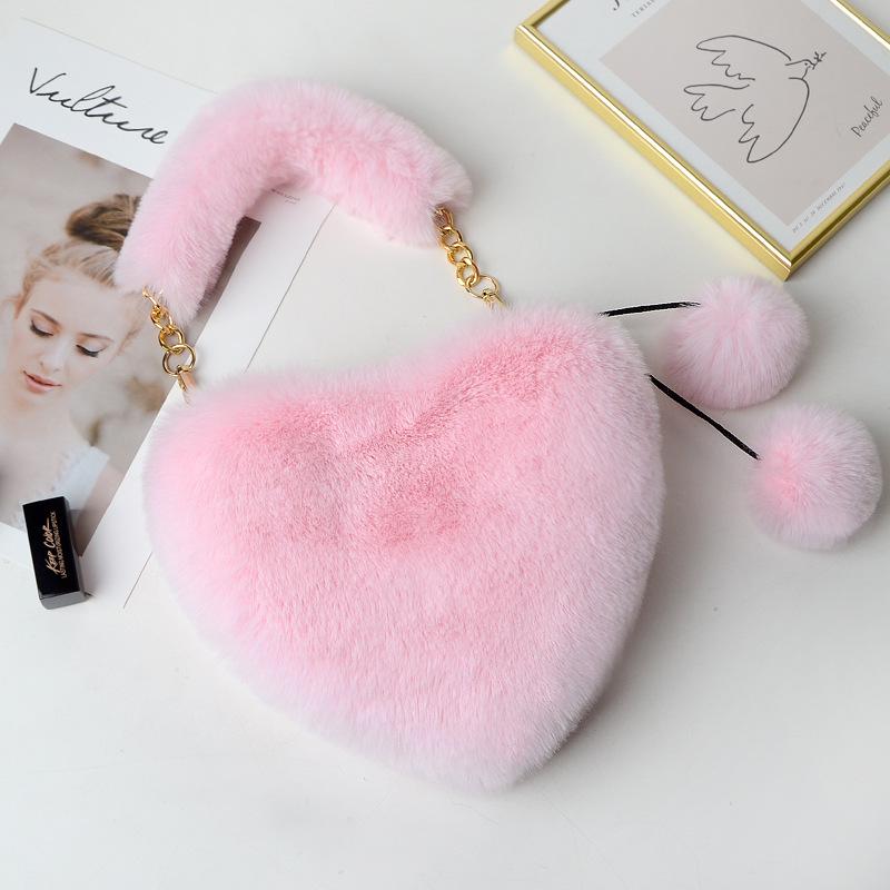 SCIONE Fashion Cute Plush Heart-shaped Bag Female Furry Love Handbag Chain Peach Heart Bag