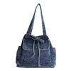 Denim Tote Bag For Women With Drawstring Closure And Butterfly Bow Fashion Street Style