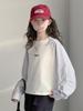 Girls' Striped Patchwork Long Sleeve T-shirt - Autumn 2026, Medium/Large, Round Neck, Loose Fit