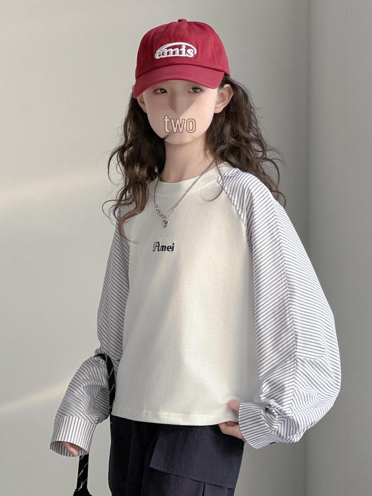 Girls' Striped Patchwork Long Sleeve T-shirt - Autumn 2026, Medium/Large, Round Neck, Loose Fit