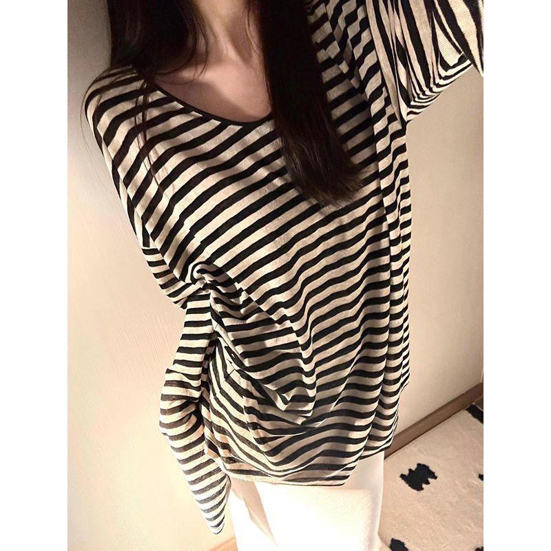 

Retro Color Block Striped Long Sleeve T-Shirt for Women - 2025 Autumn Collection, Soft and Waxy, Loose Mid-Length Slimming Fit. Medium
