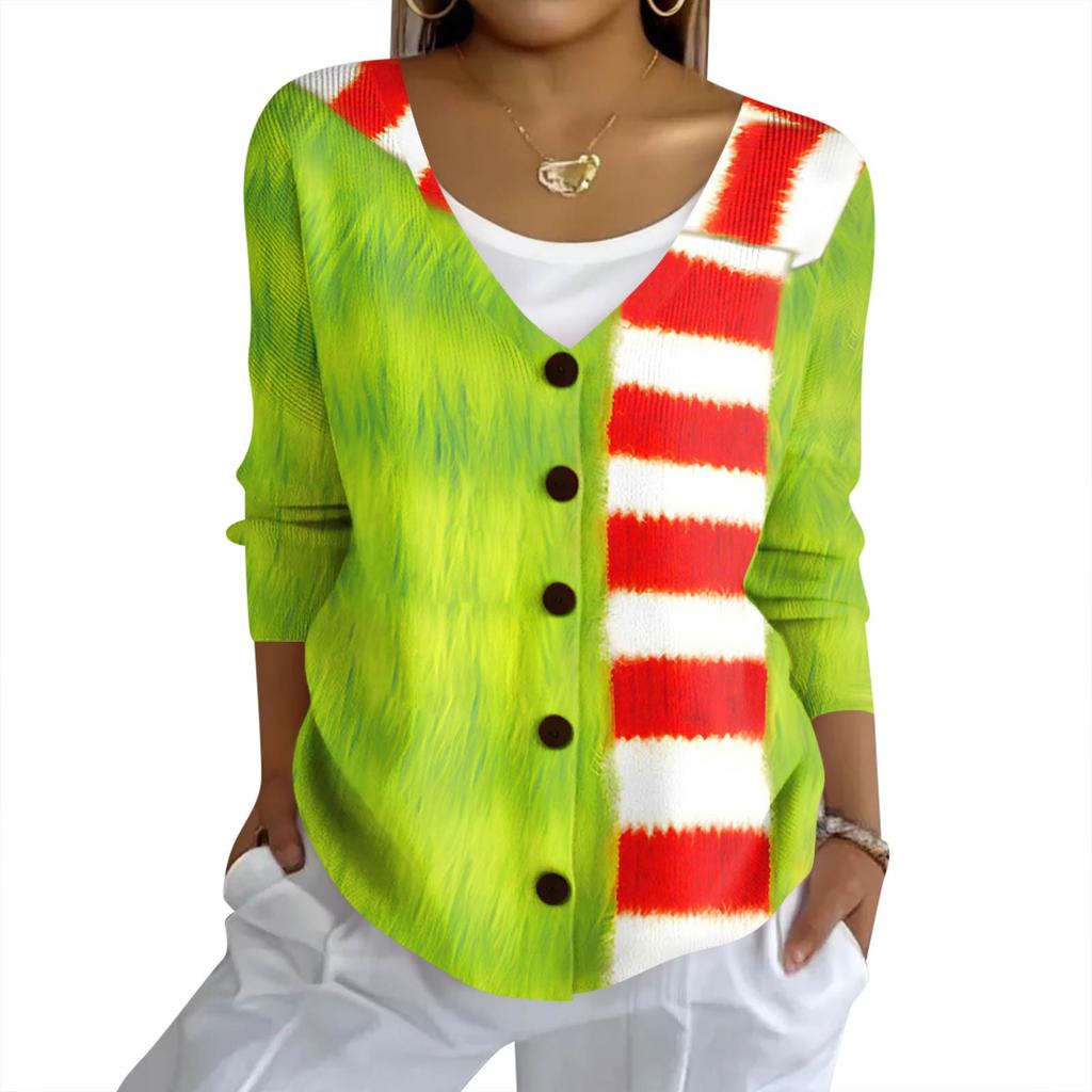 Women's Fashion Casual Knit Sweater Button-Up Christmas Print Cardigan Jacket