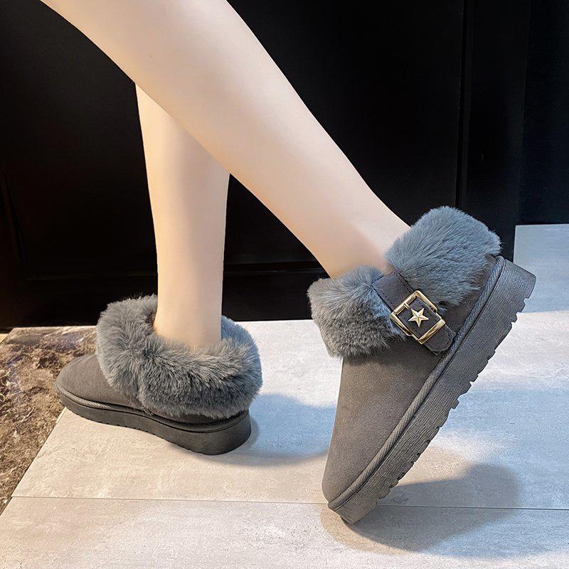Fashion Buckle Decor Faux Fur Snow Boots Women Winter Warm Thicken Plush Ankle Boots Woman Thick Sole Anti Slip Platform Cotton Boots