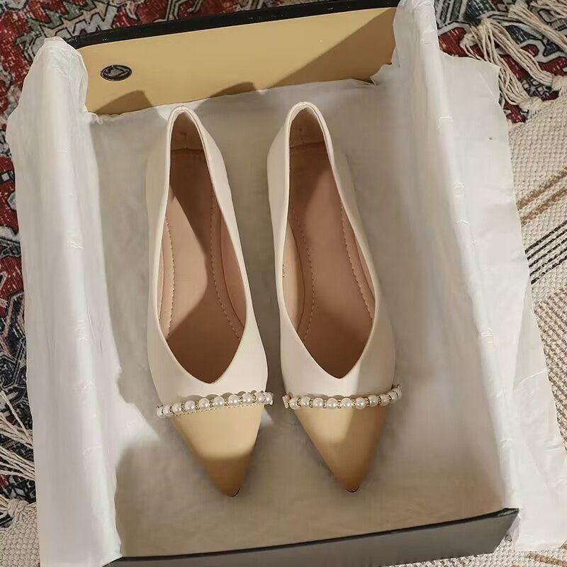 Fashion Splicing Color Pearl Pointed Toe Woman Flats Promotion Spring and Autumn Chic Point Comfortable Elegant Slip-on Shoes for Women