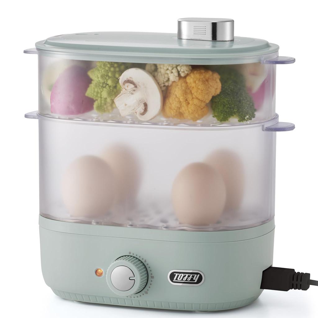 Toffy Compact Food Steamer K-FS1, Steams Food, Healthy, Simultaneous Top and Bottom Cooking, Timer, Cooking Cup, Boiled Eggs, Baby Food, Pale Aqua,