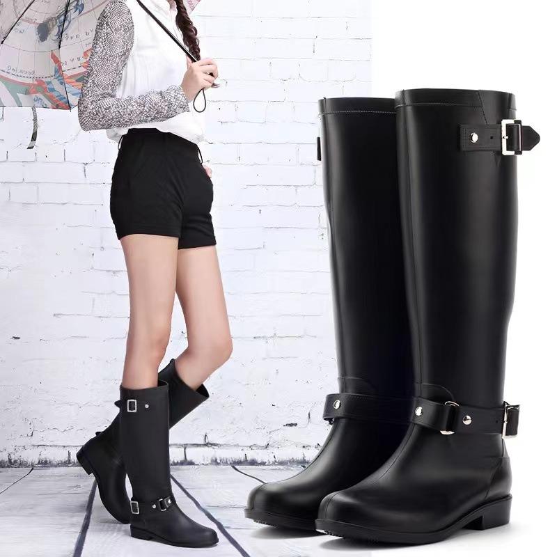 Fashion High Rain Boots Buckle Red Zipper Water Shoes Women's Waterproof Martin Boots Rain Shoes Snow Boots Locomotive Boots