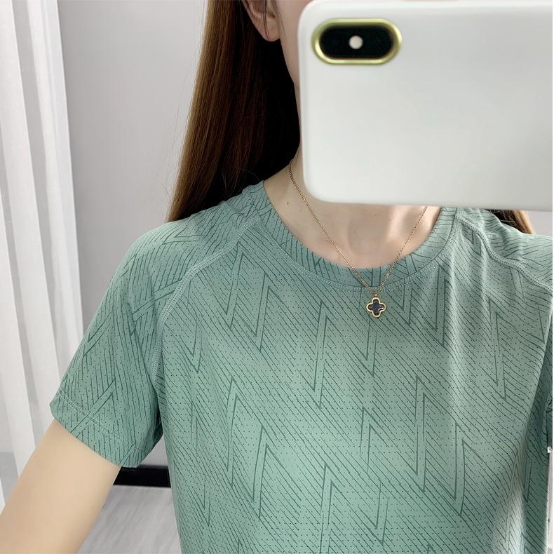 Women's Quick-Dry Mesh Printed Sports T-Shirt - Summer Round Neck, Short Sleeve, Sweat-Wicking, Ice Silk Fabric for Running & Fitness