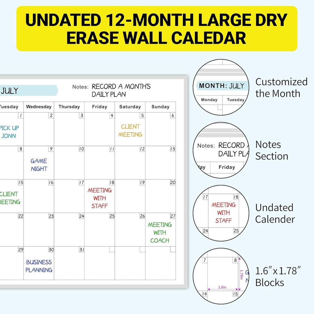 Trocken abwischbarer Jahres-Whiteboard-Kalender, löschbarer 12-Monats-Terminplaner, wiederverwendbares leeres Whiteboard, Jahreskalender für To-do-Listen