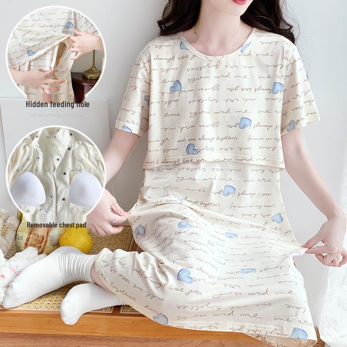 Cotton Nightgown for Pregnant Women: Short Sleeve Postpartum Breastfeeding Dress