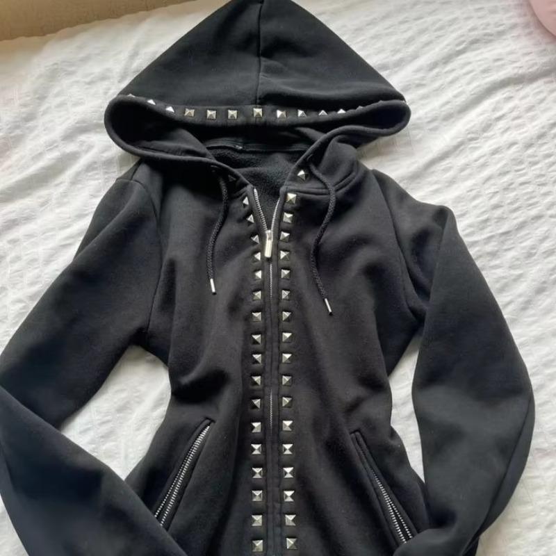 TrendHub Y2K Nová Emo Móda Zip s Nýty Mikina Dámská Harajuku Černá Oversized Mikina Gotická Retro Klasická Mikina Podzimní Oblečení