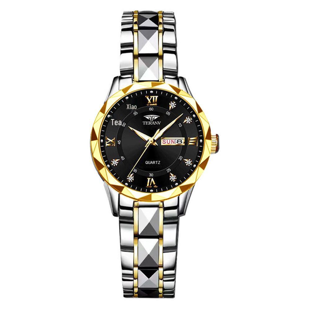 Women's Luminous Diamond Pattern Waterproof Quartz Watch with Double Calendar and Solid Band.