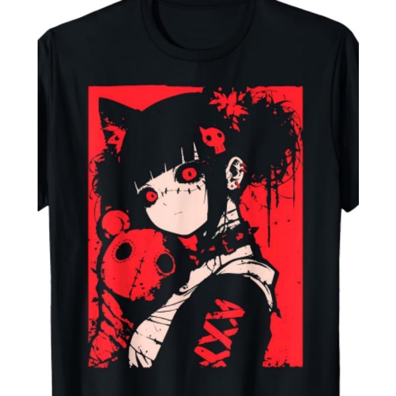 Men's Anime Print T-Shirt - Anime Character Print Crew Neck Short Sleeve Shirt, Machine Washable, Suitable for Anime Apparel and Party Outfits