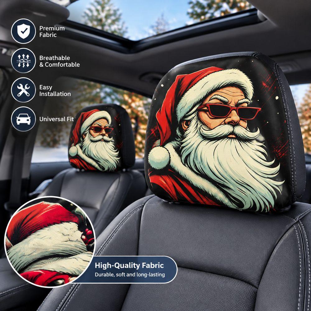 2PCS Santa Claus Print Car Seat Headrest Cover Auto Headrest Cover Set Car Interior Decoration