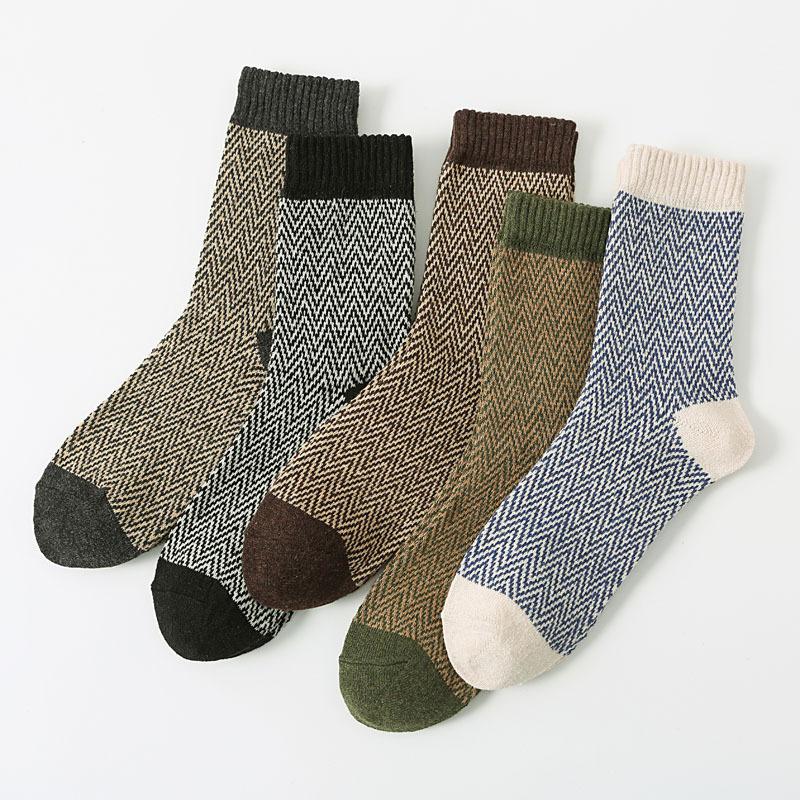 5/10 Pairs Autumn Winter Thickened Warm Socks Men's Retro Ethnic Style Small Diamond Wool Socks Mid Calf Socks Comfortable