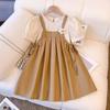 2024 Summer Girls' Stylish Casual Two-Piece: Bubble Sleeve Top & Suspender Dress