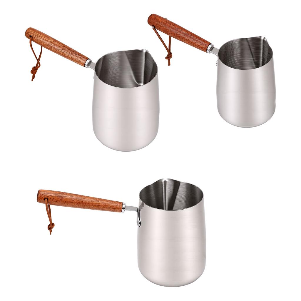Milk Frothing Pitcher 304 Stainless Steel Milk Frother Cup with Wood Handle Spout for Coffee Art Heating Oil Melting