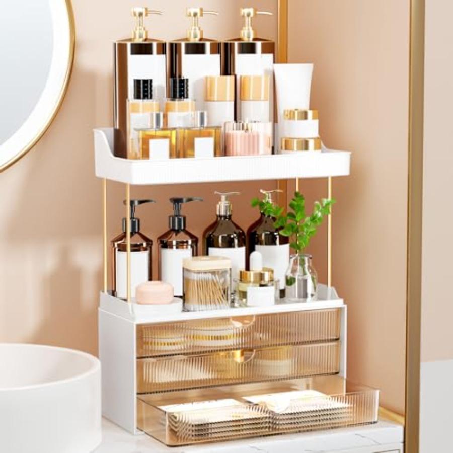 

3 Large Drawers Makeup Organizer - 5 Tier Bathroom Counter Organizers and Storage Versatile Perfume Vanity Organizer in Amber f United States