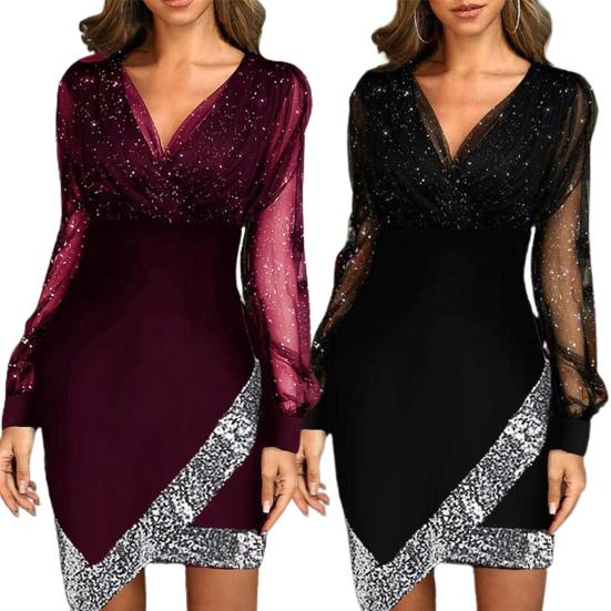 Formal Dress Solid Color Sequins Spring Autumn Net Yarn See Through Dress for Wedding