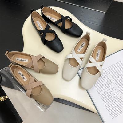 Cross Elastic Band Ballet Flats Woman Slip On Loafers Retro Square Toe Grandma Shoes Moccasins Designer Elegant