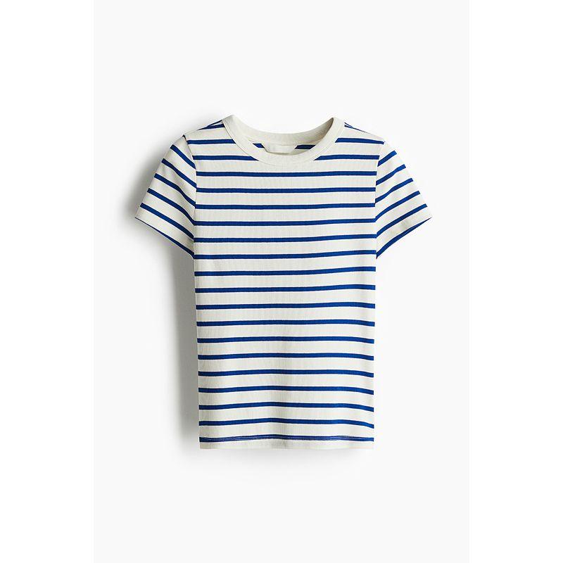 

HM Women s t-shirt 2025 Summer New round Neck Stripe Rib Slim fit Straight Hem Short sleeve 1270491 Cream/Bright Blue Stripes 160/88(S)