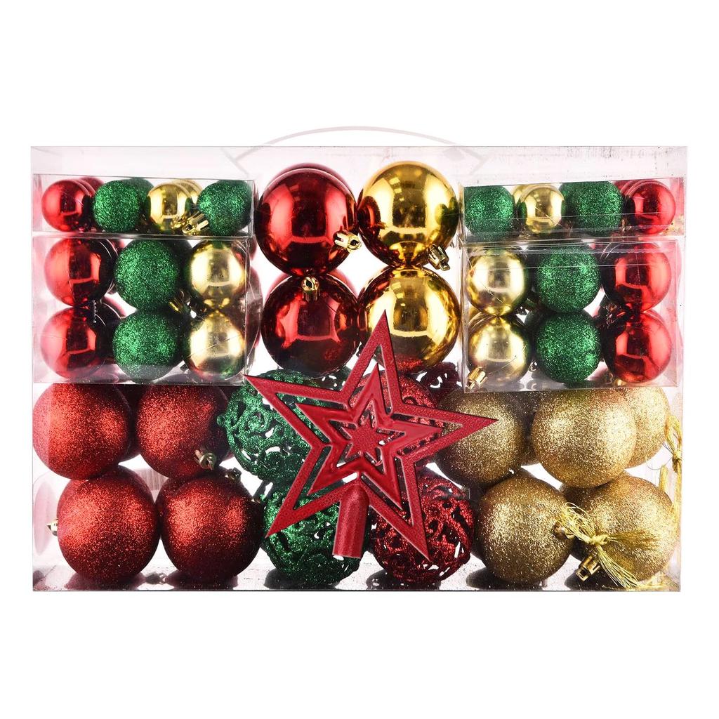 Christmas Tree Decorations Set: 100 Pieces with Tree Topper Star, Letter Tags, Hollow Plastic Balls, and Baubles Ornaments.