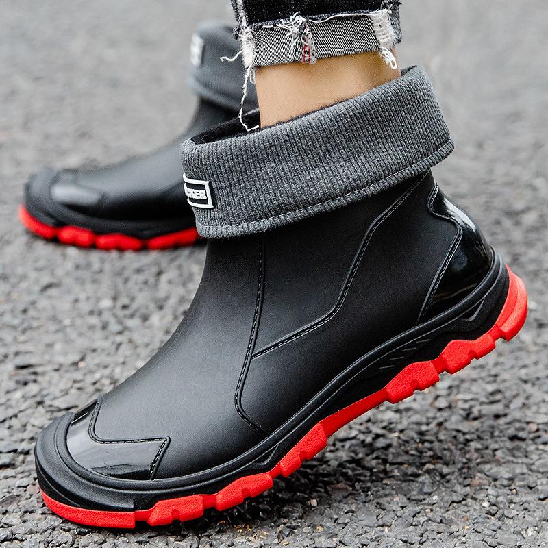 Men's Waterproof Rubber Rain Boots - All Seasons (Spring/Autumn/Winter) with Fleece Lining, Durable Large Size Work Safety Shoes