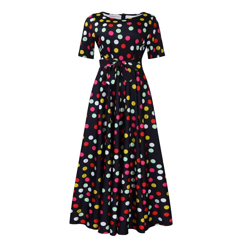 Women Fashion Plus Size Short Sleeve Lace Up Mid Length A Line Dress