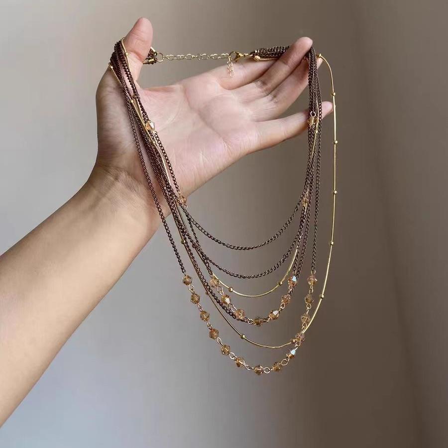 Vintage Maillard brown beaded multi-layer stacked necklace light luxury high-end long collarbone chain fashionable versatile neck chain