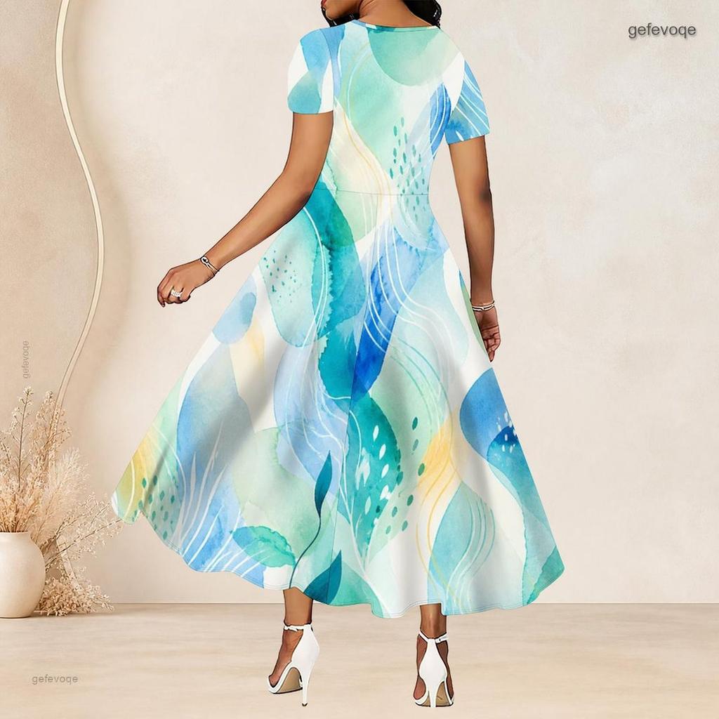 Damen Übergröße Rundhals Kurzarm Batik Print Raffung in der Taille A-Linie Langes Kleid