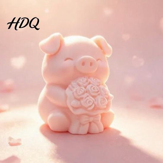 Bedside Table Ornament 3D Printed Pig Figurine with Flower Bouquet Cute Piglet Desktop Rose Piggy Ornament Creative And Statue for Home Office