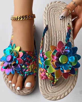 Zapatos casuales de moda para mujer, chanclas planas para vacaciones, vacaciones, patrón floral trenzado holográfico, puntera, chanclas de playa