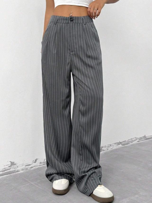 Blue Striped Casual Commuter Loose Wide Leg Casual Pants Trousers