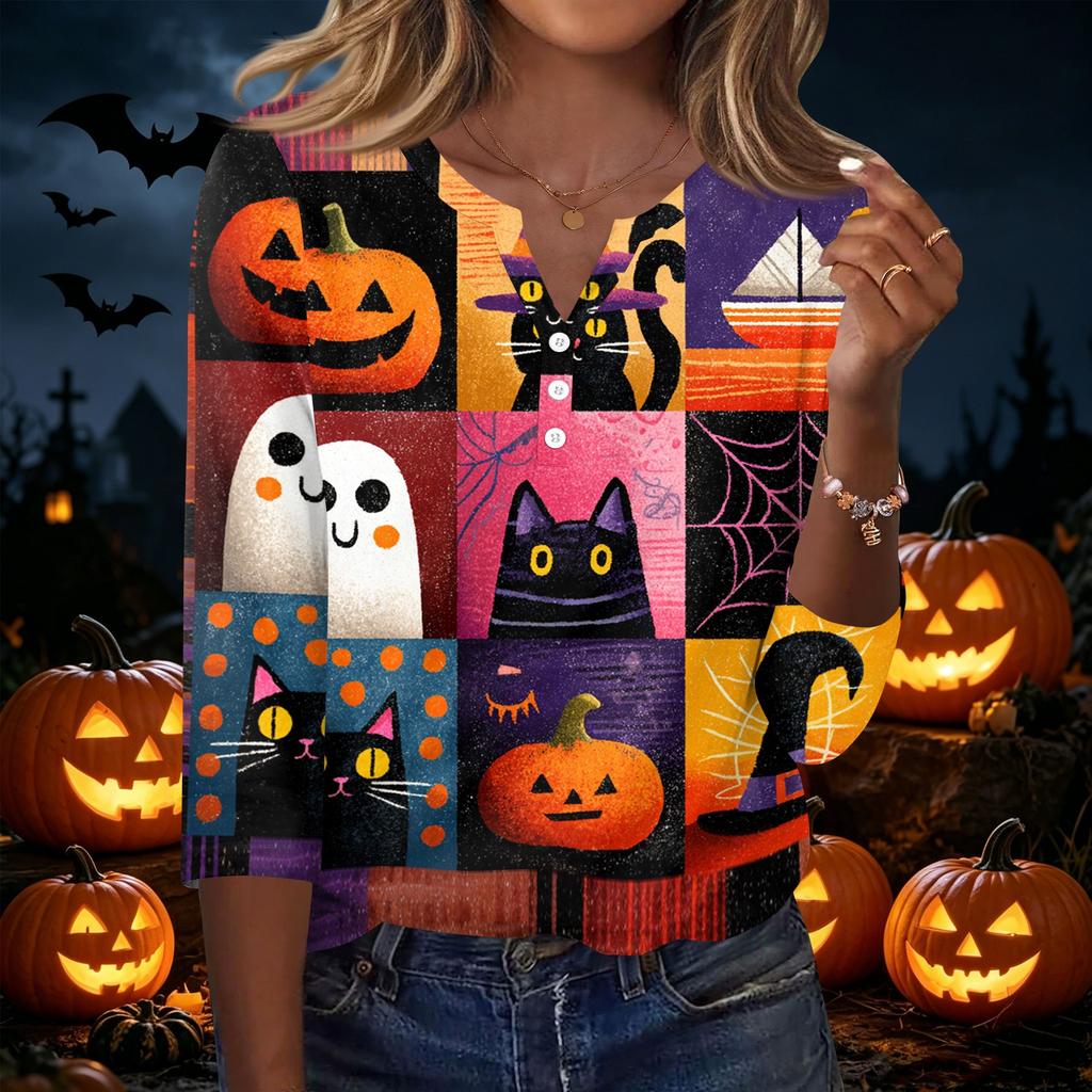 Women Casual Halloween Printed V Neck Button Three Quarter Sleeve T Shirt Top Lightweight Comfortable Fit Seasonal Style