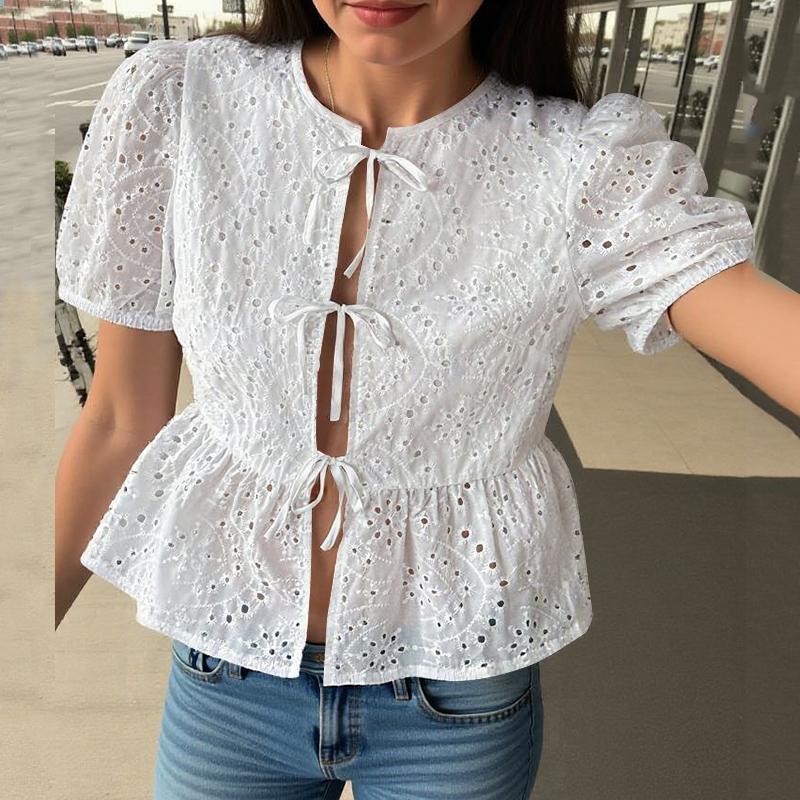 

ZANZEA Женские летние блузки с круглым вырезом и короткими рукавами с кружевом белый