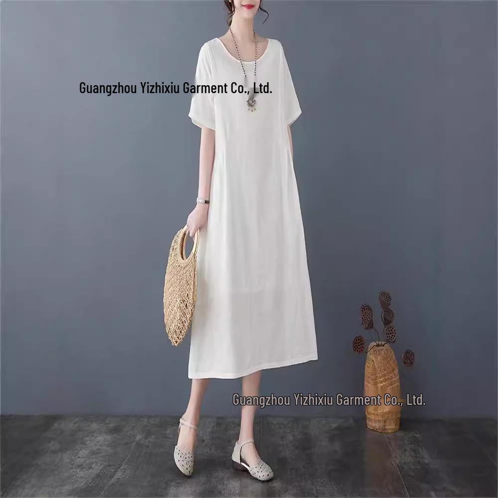 

Ретро жаккардовое платье с карманами для женщин 2025 года - Хлопок-лен, стройнящее S белый