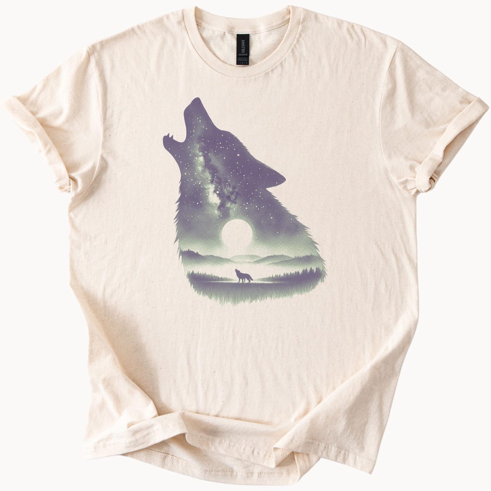 Howling Wolf T Shirt Night Sky Forest Moon Graphic Tee Nature Animal Silhouette Starry Landscape Shirt Wilderness Gift 120