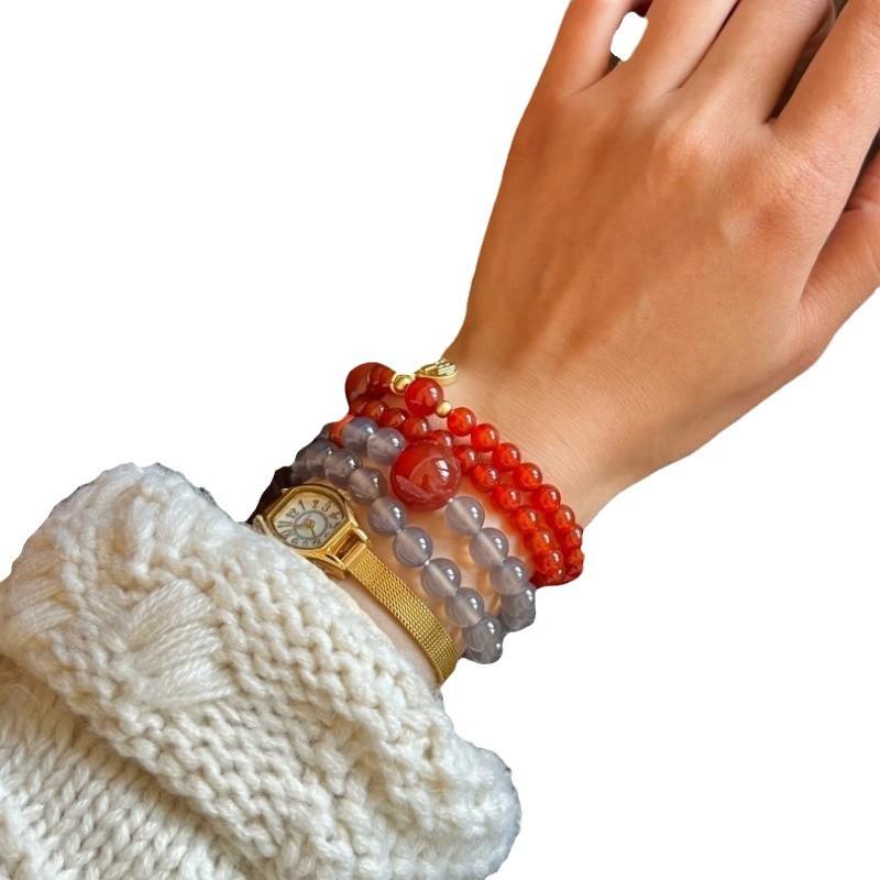 Natural New Chinese Style Necklace, Gray Agate and Red Agate Double Circle Bracelet, Cultural Item for Girls, Buddhist Prayer Beads