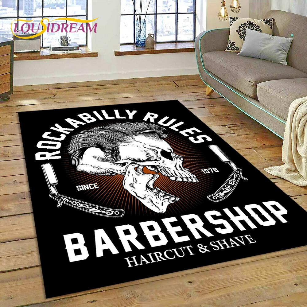Fashion Barber Shop Logo Skull Vintage Rug Carpet for Living Room Bedroom Decor,Floor Mat Non-slip Decoration for Sofa Doormat