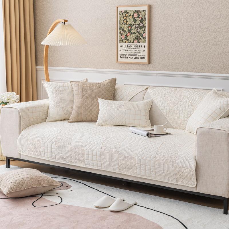 Nordic Simple Solid Color Quilted Sofa Cushion Four Seasons Pure Cotton Fabric Anti-slip Cushion Universal Modern Sofa Cover