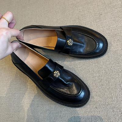 Leather Shoes For Women Spring And Autumn New One Foot Loafers For Women'S Thick Heels Retro Thick Sole Round Toe Single Shoes