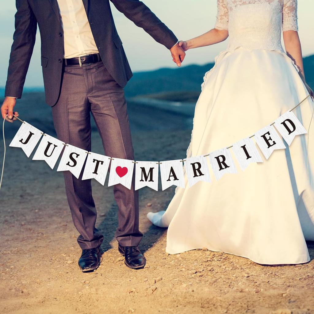 Just Married Banner Rustic White Wooden Wedding Banner Decoration