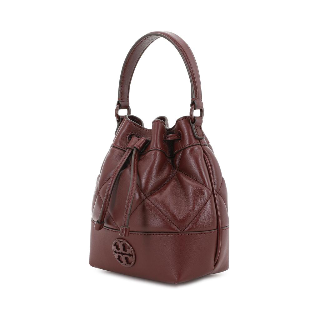 Tory Burch Willa Metallic Double T Logo Diamond Quilted Drawstring Closure Detachable Chain Shoulder Strap Leather Bucket Bag Mini 139289-639