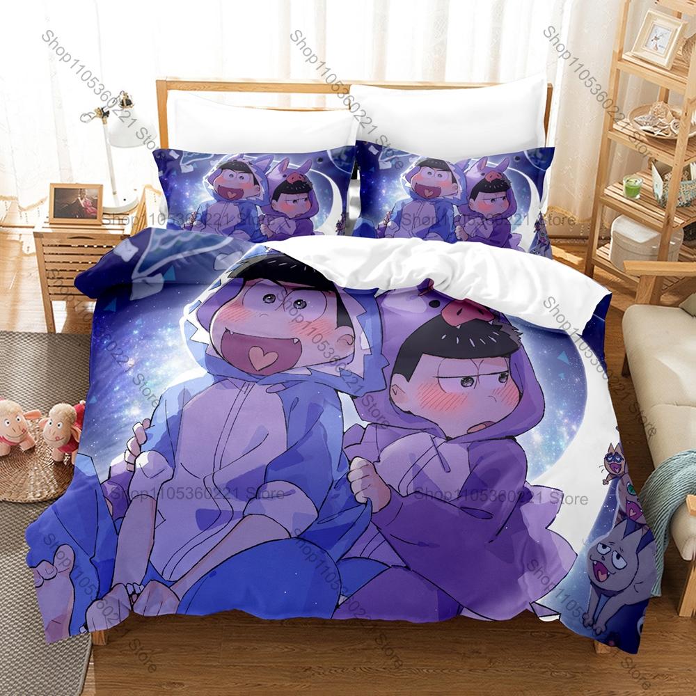 Osomatsu San Themed Bedding Set, Duvet Cover + 2 Pillowcases Matsuno Siblings Pattern for Home & Dorm Daily Use